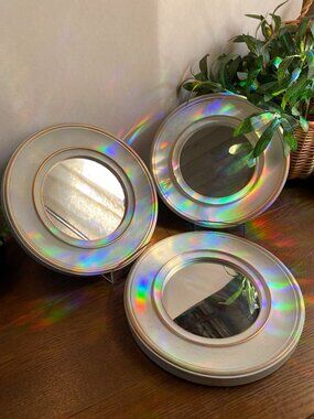 3 Round Porthole-style Accent Mirrors Wide Light Blue Brushed Finish w/Gold